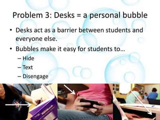 Problem 3: Desks are barriers
• Have your students struggled to hear each
other?
• Have you noticed them texting under their
desks?
• Do your students put their heads down on
their desks? Lean on them?
 