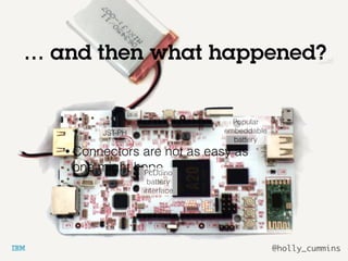 @holly_cummins
… and then what happened?
• Connectors are not as easy as
one might hope
Popular
embeddable
battery
PcDuino
battery
interface
JST-PH
 