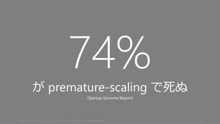 74%
が premature-scaling で死ぬ
(Startup Genome Report)
http://blog.startupcompass.co/pages/startup-genome-report-extra-on-premature-scal 34
 