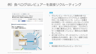 http://ascii.jp/elem/000/000/164/164144/index-2.html 41
例）食べログはレビュアーを直接リクルーティング
• 現在最大手のグルメレビューサイトに
効果
• グルメレビューサイトとして後発の食べロ
グ.com が競合のライブドアグルメ (当時数十
万PV / 日) を調べたところ、レビューを書き
込む常連ユーザーは500人しかいないことが分
かったので、500 人なら自分でも集められる
と考え、友人に声をかけたほか、ブログのコ
メント欄に書き込んだり、競合サイトのメッ
セージ機能を使ってレビュー書き込みの勧誘
をしていた。
• また食べログユーザーからのフィードバック
を簡単なものは即日、遅くても 1 週間で対応
できるサポート体制を整えていた。
実施
 
