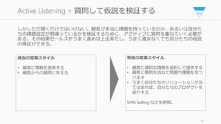 しかしただ聞くだけではいけない。顧客が本当に課題を持っているのか、あるいは自分た
ちの課題設定が間違っているかを検証するために、アクティブに質問を重ねていく必要が
ある。その結果セールスがうまく進めば上出来だし、うまく進まなくても自分たちの仮説
の検証ができる。
85
Active Listening = 質問して仮説を検証する
過去の営業スタイル
• 顧客に情報を提供する
• 顧客からの質問に答える
現在の営業スタイル
• 顧客に適切な情報を選択して提供する
• 顧客に質問を訊ねて問題や課題を見つ
け出す
• うまく自分たちのソリューションが当
てはまれば、自分たちのプロダクトを
紹介する
SPIN Selling などを参照。
 
