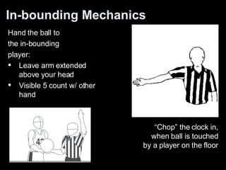 In-bounding Mechanics Hand the ball to the in-bounding player:  Leave arm extended above your head  Visible 5 count w/ other hand  “ Chop” the clock in, when ball is touched by a player on the floor 