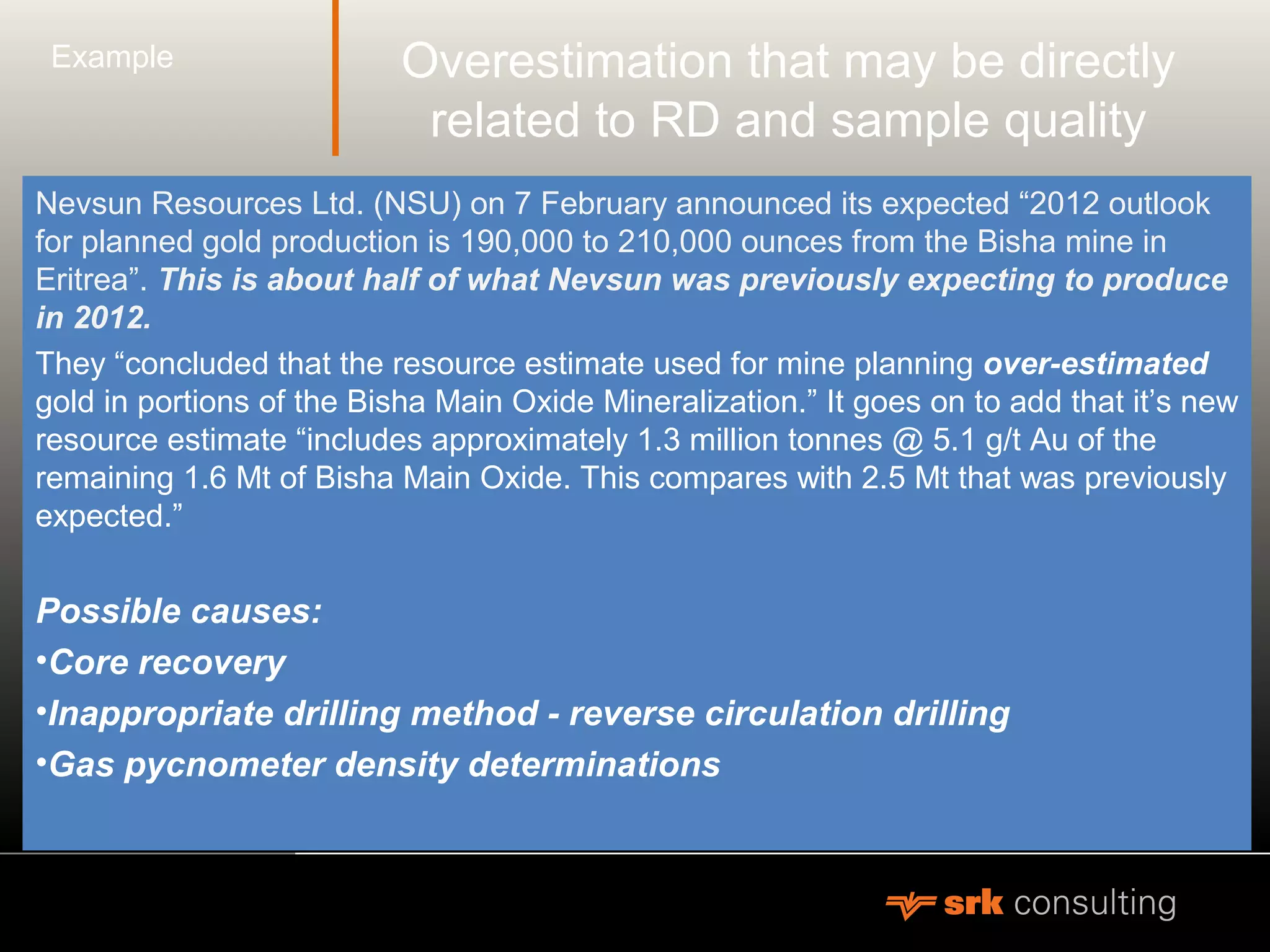 Overestimation that may be directly
related to RD and sample quality
Nevsun Resources Ltd. (NSU) on 7 February announced its expected “2012 outlook
for planned gold production is 190,000 to 210,000 ounces from the Bisha mine in
Eritrea”. This is about half of what Nevsun was previously expecting to produce
in 2012.
They “concluded that the resource estimate used for mine planning over-estimated
gold in portions of the Bisha Main Oxide Mineralization.” It goes on to add that it’s new
resource estimate “includes approximately 1.3 million tonnes @ 5.1 g/t Au of the
remaining 1.6 Mt of Bisha Main Oxide. This compares with 2.5 Mt that was previously
expected.”
Possible causes:
•Core recovery
•Inappropriate drilling method - reverse circulation drilling
•Gas pycnometer density determinations
Example
 