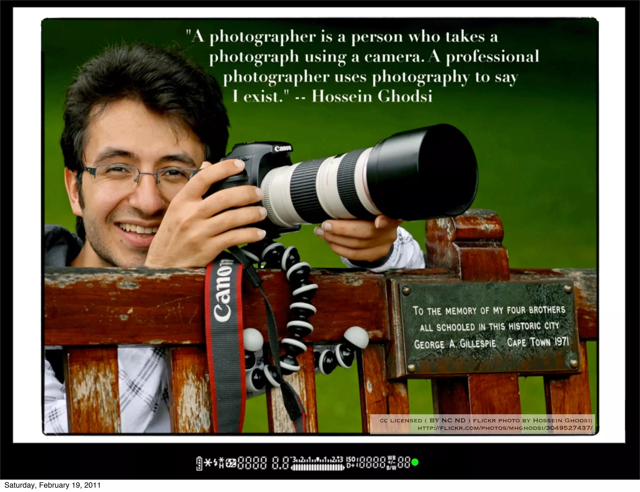 cc licensed ( BY NC ND ) flickr photo by Hossein Ghodsi:
                                        http://flickr.com/photos/mhghodsi/3049527437/




Saturday, February 19, 2011
 