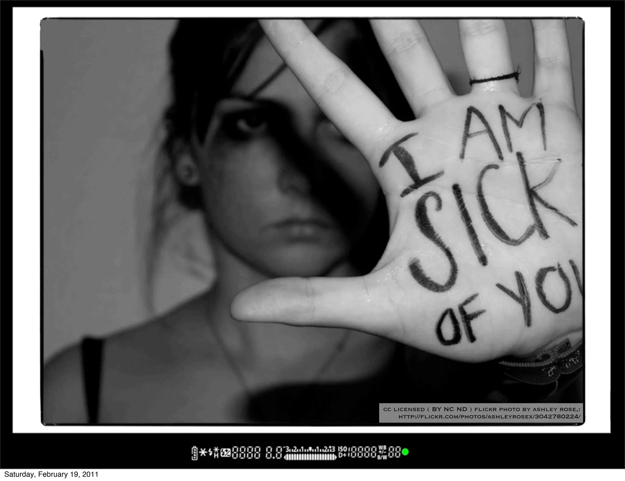 cc licensed ( BY NC ND ) flickr photo by ashley rose,:
                                  http://flickr.com/photos/ashleyrosex/3042780224/




Saturday, February 19, 2011
 