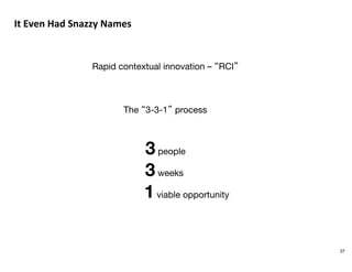 It(Even(Had(Snazzy(Names%


Rapid contextual innovation – RCI 



The 3-3-1 process



3people

3weeks

 1viable opportuni...