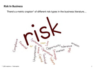 Risk(In(Business%
There’s a metric crapton* of diﬀerent risk types in the business literature…
7* 1,000 craptons = 1 kiloc...