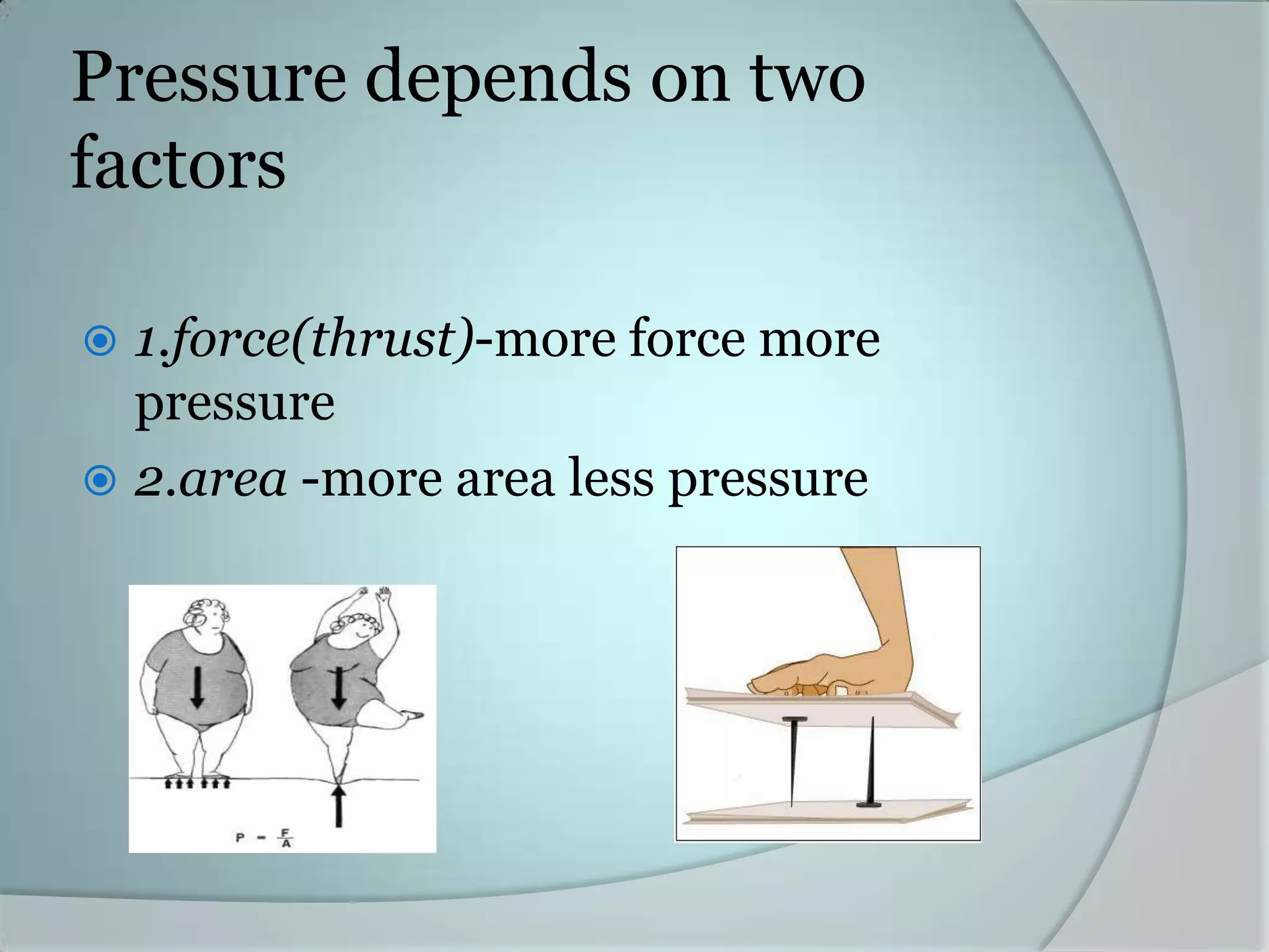 Pressure depends on two
factors
1.force(thrust)-more force more
pressure
2.area -more area less pressure