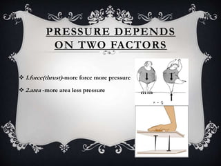 PRESSURE DEPENDS
ON TWO FACTORS
 1.force(thrust)-more force more pressure
 2.area -more area less pressure
 