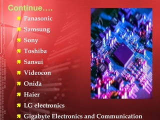 Continue….
 Panasonic
 Samsung
 Sony
 Toshiba
 Sansui
 Videocon
 Onida
 Haier
 LG electronics
 Gigabyte Electronics and Communication
 