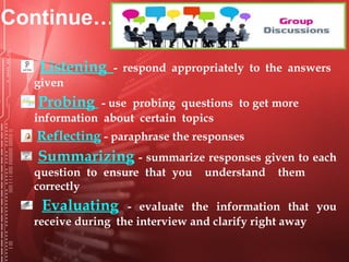 Listening - respond appropriately to the answers
given
Probing - use probing questions to get more
information about certain topics
Reflecting - paraphrase the responses
Summarizing - summarize responses given to each
question to ensure that you understand them
correctly
Evaluating - evaluate the information that you
receive during the interview and clarify right away
Continue….
 