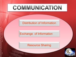 Distribution of Information
Exchange of Information
Resource Sharing
 