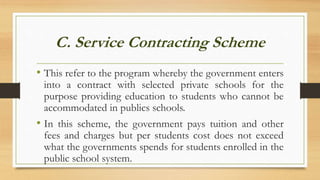 C. Service Contracting Scheme
• This refer to the program whereby the government enters
into a contract with selected private schools for the
purpose providing education to students who cannot be
accommodated in publics schools.
• In this scheme, the government pays tuition and other
fees and charges but per students cost does not exceed
what the governments spends for students enrolled in the
public school system.
 
