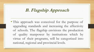 B. Flagship Approach
• This approach was conceived for the purpose of
upgrading standards and increasing the affectivity
of schools. The flagship envisions the production
of quality manpower by institutions which by
virtue of their programs, will be categorized into
national, regional and provincial levels.
 