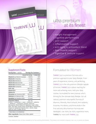 THRIVE
m
premium lifestyle capsule
FORMULATEDFORWOMEN
> weight management
> cognitive performance
> joint support
> inflammation support
> anti-aging & antioxidant blend
> lean muscle support
> digestive & immune support
THRIVE
m
premium lifestyle capsule
FORMULATEDFORWOMEN
Supplement Facts:
Serving Size: 1 capsule Servings Per Container: 2
Amount Per Serving: % Daily Value____________________________________________
Vitamin A (as Vitamin A acetate) 1500 IU 30%____________________________________________
Vitamin B1 (Thiamine) 1.4 mg 100%____________________________________________
Vitamin B2 (Riboflavin) 1.7 mg 100%____________________________________________
Vitamin B3 (Niacinamide) 12 mg 60%____________________________________________
Vitamin B5 (Pantothenic acid) 10 mg 100%____________________________________________
Vitamin B6 (Pyridoxine) 2 mg 100%____________________________________________
Folic acid 800 mcg 200%____________________________________________
Vitamin B12 100 mcg 1667%____________________________________________
Vitamin D3 200 IU 50%____________________________________________
Chromium (as chromium AAC) 200 mcg 167%____________________________________________
Selenium (as Selenium AAC) 90 mcg 125%____________________________________________
Vanadium (as Vanadium AAC) 25 mcg *____________________________________________
Proprietary Blend: 527 mg
B lactis, L. acidophilus, L. casei, L. helviticus, L. salvarius,
L. plantarum, L. rhamnosus, Guarana, Green tea,
Glucosamine, White Willow Ext, Glutamine, Green Coffee
Bean, PEA, Kelp, Irvingia Extract, BCAA Blend, Theobromine,
Ginger Ext, Synephrine, Aspartic Acid, L-Serine, Grape
Seed Ext, CoQ 10, White Tea Ext
* Daily Values not established____________________________________________
Other ingredients: Stearic Acid, Silica, gelatin____________________________________________
Contains: Shellfish
Formulated for Women
THRIVE |
m is a premium formula and a
premium approach to your daily lifestyle. From
years of experience, science, and perfecting,
THRIVE |
m is the only premium lifestyle capsule
of its kind. THRIVE |
m is about reaching for
more and achieving more, with your daily
routine. Formulated for every woman who's
thriving for the ultimate daily lifestyle. Our all
natural, premium naturopathic formula of
Vitamins, Minerals, Plant Extracts, Anti-oxidants,
Enzymes, Pro-Biotics, and Amino Acids is the
first and only Ultra Premium Formula ever
developed. Live more, be more, experience more,
THRIVE for more with THRIVE |
m.
ultra premium
at its finest
These statements have not been evaluated by the Food and Drug Administration. This product is not intended to diagnose, treat, cure, or prevent any disease.
 