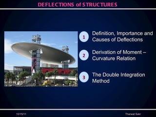 10/15/11 DEFLECTIONS of STRUCTURES Tharwat Sakr Definition, Importance and Causes of Deflections Derivation of Moment – Curvature Relation The Double Integration Method 1 3 2 
