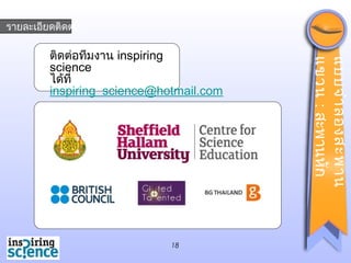 18
ติดต่อทีมงำน inspiring
science
ได้ที่
inspiring_science@hotmail.com
รำยละเอียดติดต่อ
แบบจำำลองสะพำน
แขวน:สะพำนหัก
 