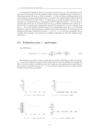 5.2. EVALUATION POUR X + QUELCONQUE




   Le comportement global de ∆CLCQ est proche de celui de ∆DLCQ : une décroissance oscil-
                                    1
lant autour d’une pente moyenne Λ dans la région d’ordre de grandeur Λ qui correspond à la
décroissance linéaire de ∆DLCQ . Pour les grands x− (≥ 10Λ), de lentes oscillations autour de 0
correspondent à la région dans laquelle ∆DLCQ est nulle. Ces comportements reﬂètent dans les
deux cas l’élimination du mode zéro, n = 0 pour ∆DLCQ , le halo de points autour de p+ = 0
pour ∆CLCQ . Néanmoins ∆CLCQ croît jusqu’à 1 dans la région des petits x− sur une distance
d’autant plus courte que Λ est grand alors que ∆DLCQ décroît immédiatement à partir de 1.
Cela est dû à la régularisation ultraviolette venant de la fonction test, et qui est absente dans
∆DLCQ . Il est bien entendu possible d’opérer cette régularisation dans ∆DLCQ en sommant
jusqu’à un entier N. Mais le passage au continu devient alors hasardeux : on ne connaît pas de
procédure permettant d’eﬀectuer à la fois L → ∞ et N → ∞ et qui reste compatible avec la
causalité. Pour examiner cette question on considère maintenant un intervalle d’espace-temps
quelconque.




5.2     Evaluation pour x+ quelconque

   Avec DCLQ on a :

                                                          N
                                   +   −      i                1      nπx−   m2 Lx+
                    ∆DLCQ (x ,x ) = −limN →∞                     sin(      +        )                   (5.2)
                                             2π          n=1
                                                               n       L      4πn


   Habituellement on utilise la somme coupée dans les calculs en DLCQ avec l’idée que la limite
L → ∞ peut être réalisée au besoin en ﬁn de calcul. Mais ceci pose un problème de causalité. En
eﬀet, il ne peut exister de corrélation entre des champs qui sont séparés par des intervalles de
genre espace, c’est-à-dire tels que x+ x− < 0. Or la somme ci-dessus, pour L et N ﬁnis, montre
de telles contributions non causales :




      2.4                                                   2.4
      2.2                                                   2.2
        2                                                     2
      1.8                                                   1.8
   gC                                                    gC
      1.6                                                   1.6
      1.4                                                   1.4
      1.2                                                   1.2
         1                                                    1
               2      4    N   6           8   10                 20 40 60 80     N   120   160   200


             x+ = 1, x− = 1, L = 10, N = 10               x+ = 1, x− = 1, L = 10, N = 200




    –0.52
    –0.54                                                0.8
    –0.56
    –0.58                                                0.6
     –0.6                                           gC
                                                         0.4
 gC –0.62
    –0.64                                                0.2
    –0.66
    –0.68                                               0          20    40   N   60        80    100
     –0.7                                            –0.2
               2      4    N   6       8       10    –0.4



            x+ = 1, x− = 10, L = 10, N = 10               x+ = 1, x− = 10, L = 100, N = 100



                                                    47
 