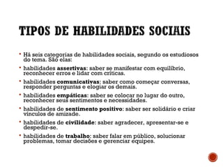  Há seis categorias de habilidades sociais, segundo os estudiosos
do tema. São elas:
 habilidades assertivas: saber se manifestar com equilíbrio,
reconhecer erros e lidar com críticas.
 habilidades comunicativas: saber como começar conversas,
responder perguntas e elogiar os demais.
 habilidades empáticas: saber se colocar no lugar do outro,
reconhecer seus sentimentos e necessidades.
 habilidades de sentimento positivo: saber ser solidário e criar
vínculos de amizade.
 habilidades de civilidade: saber agradecer, apresentar-se e
despedir-se.
 habilidades de trabalho: saber falar em público, solucionar
problemas, tomar decisões e gerenciar equipes.
 