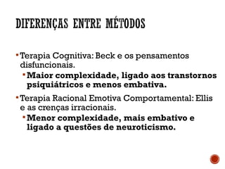 Terapia Cognitiva: Beck e os pensamentos
disfuncionais.
Maior complexidade, ligado aos transtornos
psiquiátricos e menos embativa.
Terapia Racional Emotiva Comportamental: Ellis
e as crenças irracionais.
Menor complexidade, mais embativo e
ligado a questões de neuroticismo.
 