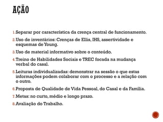 1.Separar por característica da crença central de funcionamento.
2.Uso de inventários: Crenças de Ellis, IHS, assertividade e
esquemas de Young.
3.Uso de material informativo sobre o conteúdo.
4.Treino de Habilidades Sociais e TREC focada na mudança
verbal do casal.
5.Leituras individualizadas: demonstrar na sessão o que estas
informações podem colaborar com o processo e a relação com
o outro.
6.Proposta de Qualidade de Vida Pessoal, do Casal e da Família.
7.Metas: no curto, médio e longo prazo.
8.Avaliação do Trabalho.
 