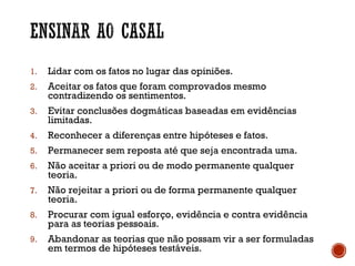 1. Lidar com os fatos no lugar das opiniões.
2. Aceitar os fatos que foram comprovados mesmo
contradizendo os sentimentos.
3. Evitar conclusões dogmáticas baseadas em evidências
limitadas.
4. Reconhecer a diferenças entre hipóteses e fatos.
5. Permanecer sem reposta até que seja encontrada uma.
6. Não aceitar a priori ou de modo permanente qualquer
teoria.
7. Não rejeitar a priori ou de forma permanente qualquer
teoria.
8. Procurar com igual esforço, evidência e contra evidência
para as teorias pessoais.
9. Abandonar as teorias que não possam vir a ser formuladas
em termos de hipóteses testáveis.
 