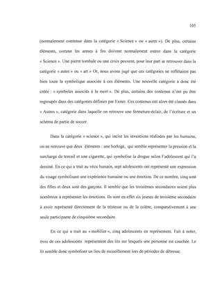 105
(normalement contenue dans la catégorie « Science» ou «autre»). De plus, certains
éléments, comme les armes à feu doivent normalement entrer dans la catégorie
« Science ». Une pierre tombale ou une croix peuvent, pour leur part se retrouver dans la
catégorie « autre» ou « art » Or, nous avons jugé que ces catégories ne reflétaient pas
bien toute la symbolique associée à ces éléments. Une nouvelle catégorie a donc été
créée : « symboles associés à la mort». De plus, certains des contenus n'ont pu être
regroupés dans des catégories définies par Exner. Ces contenus ont alors été classés dans
« Autres », catégorie dans laquelle on retrouve une fermeture-éclair, de l'écriture et un
schéma de partie de soccer.
Dans la catégorie « science », qui inclut les inventions réalisées par les humains,
on ne retrouve que deux éléments : une horloge, qui semble représenter la pression et la
surcharge de travail et une cigarette, qui symbolise la drogue selon l'adolescent qui l'a
dessiné. En ce qui a trait au vécu humain, sept adolescents ont représenté une expression
du visage symbolisant une expérience humaine ou une émotion. De ce nombre, cinq sont
des filles et deux sont des garçons. Il semble que les troisièmes secondaires soient plus
nombreux à représenter les émotions. Ils sont en effet six jeunes de troisième secondaire
à avoir représenté directement de la tristesse ou de la colère, comparativement à une
seule participante de cinquième secondaire.
En ce qui a trait au «mobilier», cinq adolescents en représentent. Fait à noter,
trois de ces adolescents représentent des lits sur lesquels une personne est couchée. Le
lit semble donc symboliser un lieu de recueillement lors de périodes de détresse.
 