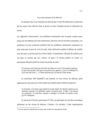 111
Les causes perçues de la détresse
En premier lieu, il est important de préciser que 19 des 40 adolescents ne précisent
pas de cause à leur détresse dans le dessin ou dans l'enquête suivant la réalisation du
dessin.
Les difficultés relationnelles. Les problèmes relationnels sont invoqués comme cause
perçue de leur détresse par onze adolescents, dont huit sont en troisième secondaire. Les
problèmes les plus communs semblent être les problèmes relationnels concernant les
amis ainsi que la peur de vivre du rejet. Sept adolescents parlent d'ailleurs de conflits
avec les amis ou de leur peur de se faire rejeter. Le participant 128 parle de conflits avec
ses pairs et nomme que ses «chums de gars» le mettent parfois en colère. La
participante 88 parle plutôt de sa peur de perdre ses amis:
C'est parce que (rires) ça irait très mal dans ma vie si j'les perdais mettons.
Fa que euh quand j'suis pas, tsé quand j'me, quand y a un p'tit différent là
j'me sens très mal. (.. .) J'étais insécure pis j'ai besoin d'être aimée.
Le participant 268 (Raphaël qui présente un haut niveau de détresse, parle
également de cette peur de se faire rejeter qui semble parfois frôler la suspicion :
Le bouclier, c'est parce que quand tu te sens rejeté, les choses comme ça, tu
cherches toujours à te défendre contre n'importe quoi. L'épée, c'est quand
on confronte. Tu cherches toujours à attaquer le monde, les autres avant
qu'ils t'attaquent.
Le dessin de Christian (participant nO 302), un participant de troisième secondaire
présentant un bas niveau de détresse, s'intitule «La solitude». Cette représentation
7 Tous les prénoms d'adolescents contenus dans la thèse sont des prénoms fictifs.
 