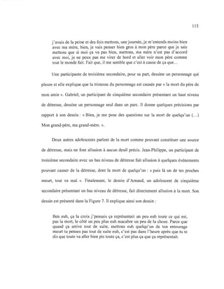 j'avais de la peine et des fois mettons, une journée, je m'entends moins bien
avec ma mère, bien, je vais penser bien gros à mon père parce que je sais
mettons que si moi ça va pas bien, mettons, ma mère n'est pas d'accord
avec moi, je ne peux pas me virer de bord et aller voir mon père comme
tout le monde fait. Fait que, il me semble que c'est à cause de ça que...
115
Une participante de troisième secondaire, pour sa part, dessine un personnage qui
pleure et elle explique que la tristesse du personnage est causée par « la mort du père de
mon amie ». Gabriel, un participant de cinquième secondaire présentant un haut niveau
de détresse, dessine un personnage seul dans un parc. Il donne quelques précisions par
rapport à son dessin : «Bien, je me pose des questions sur la mort de quelqu'un (...)
Mon grand-père, ma grand-mère. ».
Deux autres adolescents parlent de la mort comme pouvant constituer une source
de détresse, mais ne font allusion à aucun deuil précis. Jean-Philippe, un participant de
troisième secondaire avec un bas niveau de détresse fait allusion à quelques événements
pouvant causer de la détresse, dont la mort de quelqu'un: «puis là un de tes proches
meurt, tout va mal. ». Finalement, le dessin d'Arnaud, un adolescent de cinquième
secondaire présentant un bas niveau de détresse, fait directement allusion à la mort. Son
dessin est présenté dans la Figure 7. Il explique ainsi son dessin :
Ben euh, ça la croix j'pensais ça représentait un peu euh toute ce qui est,
pas la mort, le côté un peu plus euh macabre un peu de la chose. Parce que
quand ça arrive tout de suite, mettons euh quelqu'un de ton entourage
meurt tu penses pas tout de suite euh, c'est pas dans l'heure après que tu te
dis que toute va aller bien pis toute ça, c'est plus ça que ça représentait.
 