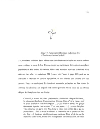 Figure 7. Renaissance (dessin du participant 236)
- Dessin représentant le deuil.
116
Les problèmes scolaires. Trois adolescents font directement allusion au monde scolaire
pour expliquer la cause de leur détresse. Ainsi, une participante de troisième secondaire
présentant un bas niveau de détresse parle d'une mauvaise note qui a entraîné de la
détresse chez elle. Le participant 321 (Louis, voir Figure 6, page 115) parle de sa
difficulté à effectuer ses devoirs rapidement, ce qui entraîne des conflits avec ses
parents. Hugo, un participant de cinquième secondaire présentant un bas niveau de
détresse fait allusion à un exposé oral comme pouvant être la cause de sa détresse
(Figure 8). Il explique ainsi son dessin :
Ce serait, je ne sais pas, mais ça représente comme une composition orale,
je suis devant la classe. Un moment de détresse. Bien, c'est la classe, moi
en avant en train de faire mon exposé. (...) Oui, avant de parler, dès que je
commence à parler c'est correct. C'est juste avant. (...) Le cœur bat plus
vite, autour de toi, ça va plus flou, tu ne te rends plus compte de ce qui se
passe autour... Puis tu as de la misère à te concentrer sur ce que tu vas dire
des fois (...) Quelques tremblements des membres. Bien, c'est sûr que la
mémoire, tout s'en va, même si tu avais préparé une introduction, on dirait
 