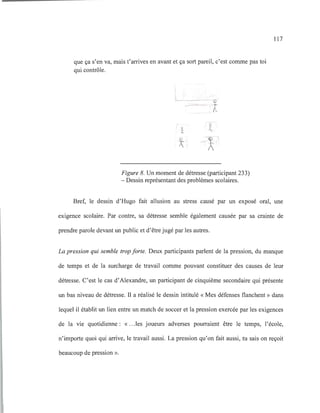 que ça s'en va, mais t'arrives en avant et ça sort pareil, c'est comme pas toi
qui contrôle.
; l t
1: ~ ~~ .
Figure 8. Un moment de détresse (participant 233)
- Dessin représentant des problèmes scolaires.
117
Bref, le dessin d'Hugo fait allusion au stress causé par un exposé oral, une
exigence scolaire. Par contre, sa détresse semble également causée par sa crainte de
prendre parole devant un public et d'être jugé par les autres.
La pression qui semble trop forte. Deux participants parlent de la pression, du manque
de temps et de la surcharge de travail comme pouvant constituer des causes de leur
détresse. C'est le cas d'Alexandre, un participant de cinquième secondaire qui présente
un bas niveau de détresse. Il a réalisé le dessin intitulé « Mes défenses flanchent» dans
lequel il établit un lien entre un match de soccer et la pression exercée par les exigences
de la vie quotidienne: « .. .les joueurs adverses pourraient être le temps, l'école,
n'importe quoi qui arrive, le travail aussi. La pression qu'on fait aussi, tu sais on reçoit
beaucoup de pression ».
 