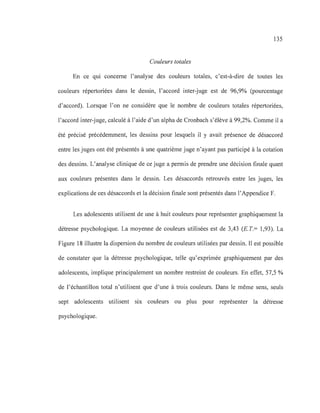 135
Couleurs totales
En ce qUI concerne l'analyse des couleurs totales, c'est-à-dire de toutes les
couleurs répertoriées dans le dessin, l'accord inter-juge est de 96,9% (pourcentage
d'accord). Lorsque l'on ne considère que le nombre de couleurs totales répertoriées,
l'accord inter-juge, calculé à l'aide d'un alpha de Cronbach s'élève à 99,2%. Comme il a
été précisé précédemment, les dessins pour lesquels il y avait présence de désaccord
entre les juges ont été présentés à une quatrième juge n'ayant pas participé à la cotation
des dessins. L'analyse clinique de ce juge a permis de prendre une décision finale quant
aux couleurs présentes dans le dessin. Les désaccords retrouvés entre les juges, les
explications de ces désaccords et la décision finale sont présentés dans l'Appendice F.
Les adolescents utilisent de une à huit couleurs pour représenter graphiquement la
détresse psychologique. La moyenne de couleurs utilisées est de 3,43 (E.T.= 1,93). La
Figure 18 illustre la dispersion du nombre de couleurs utilisées par dessin. Il est possible
de constater que la détresse psychologique, telle qu'exprimée graphiquement par des
adolescents, implique principalement un nombre restreint de couleurs. En effet, 57,5 %
de l'échantillon total n'utilisent que d'une à trois couleurs. Dans le même sens, seuls
sept adolescents utilisent six couleurs ou plus pour représenter la détresse
psychologique.
 