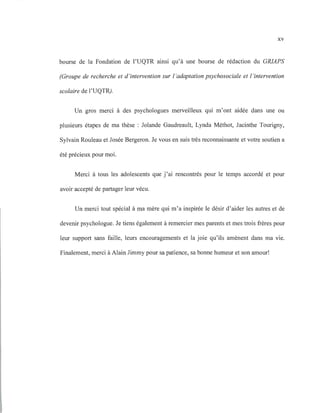 xv
bourse de la Fondation de l'UQTR ainsi qu'à une bourse de rédaction du GRIAPS
(Groupe de recherche et d'intervention sur l'adaptation psychosociale et l'intervention
scolaire de l'UQTR).
Un gros merci à des psychologues merveilleux qui m'ont aidée dans une ou
plusieurs étapes de ma thèse: Jolande Gaudreault, Lynda Méthot, Jacinthe Tourigny,
Sylvain Rouleau et Josée Bergeron. Je vous en suis très reconnaissante et votre soutien a
été précieux pour moi.
Merci à tous les adolescents que j'ai rencontrés pour le temps accordé et pour
avoir accepté de partager leur vécu.
Un merci tout spécial à ma mère qui m'a inspirée le désir d'aider les autres et de
devenir psychologue. Je tiens également à remercier mes parents et mes trois frères pour
leur support sans faille, leurs encouragements et la joie qu'ils amènent dans ma vie.
Finalement, merci à Alain Jimmy pour sa patience, sa bonne humeur et son amour!
 