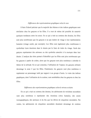 151
Différences des représentations graphiques selon le sexe
Il faut d'abord préciser que la majorité des thèmes et des indices graphiques sont
similaires chez les garçons et les filles. Il a tout de même été possible de ressortir
quelques tendances entre les sexes. En ce qui a trait au contenu des dessins, les filles
sont plus nombreuses que les garçons à ne pas insérer de visage à leur représentation
humaine (visage caché, par exemple). Les filles sont également plus nombreuses à
symboliser leurs émotions dans le dessin par le biais de traits du visage. Seuls des
garçons représentent des animaux ou des symboles associés à la musique dans leur
dessin. L'analyse des titres permet d'identifier que les filles sont plus nombreuses que
les garçons à parler de colère, alors que les garçons sont plus nombreux à aborder le
thème de la solitude. En ce qui concerne, l'utilisation de l'espace, les garçons utilisent
davantage la zone 2 que les filles. Finalement, les garçons sont plus nombreux à
représenter un personnage isolé par rapport à un groupe d'amis. Le reste des indices
graphiques, dont l'utilisation de la couleur, sont semblables chez les garçons et chez les
filles.
Différences des représentations graphiques selon le niveau scolaire
En ce qui a trait au contenu des dessins, les adolescents de troisième secondaire
sont plus nombreux à représenter des émotions (vécu humain), des cœurs
iconographiques, des animaux et du feu que les élèves de cinquième secondaire. Par
contre, les adolescents de cinquième secondaire dessinent davantage de contenu
 
