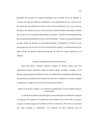 153
possibilité de se sortir de la détresse présentent tous un faible niveau de détresse. À
l'inverse, les titres qui reflètent un désespoir et une impossibilité de s'en sortir ont tous
été choisis par des adolescents vivant un haut niveau de détresse. En ce qui a trait aux
émotions, les adolescents ayant un haut niveau de détresse parlent davantage du thème
de la colère et de la confusion (états émotifs contrastés). L'anxiété est davantage abordée
par les adolescents présentant un bas niveau de détresse. De plus, les jeunes présentant
un haut niveau de détresse ont davantage tendance à représenter la bouche de leur
personnage par un trait serré ou à éviter de dessiner les visages. Les adolescents ayant un
faible niveau de détresse dessinent davantage de traits de visage exprimant de la
tristesse.
Analyses complémentaires de certains dessins
Dans cette partie, certaines analyses cliniques de dessins choisis pour leur
significativité seront présentées. Dans un premier temps, un dessin «typique» de la
détresse psychologique sera présenté. Puis, les représentations graphiques effectuées par
les adolescents suicidaires seront analysés de plus près. Finalement, un dessin considéré
« surprenant» compte tenu du niveau de détresse sera présenté.
Analyse d 'un dessin « typique» de la détresse psychologique, tel qu 'un adolescentpeut
la représenter
Un dessin de la détresse psychologique, tel que réalisé par un adolescent comporte
en moyenne 3,43 couleurs. Les couleurs les plus utilisées sont le noir, le bleu, le rouge et
le jaune. Un dessin typique de la détresse utilise en moyenne 5,50 zones et se situe dans
les zones centrales et supérieures. Les contenus les plus communs sont les
 