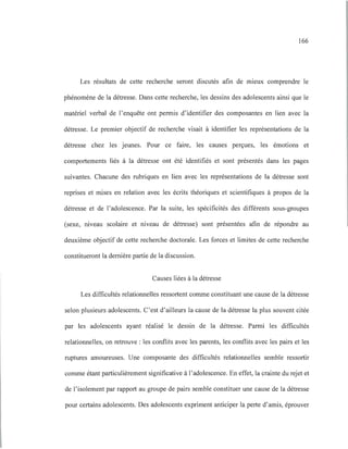 166
Les résultats de cette recherche seront discutés afin de mIeux comprendre le
phénomène de la détresse. Dans cette recherche, les dessins des adolescents ainsi que le
matériel verbal de l'enquête ont permis d'identifier des composantes en lien avec la
détresse. Le premier objectif de recherche visait à identifier les représentations de la
détresse chez les jeunes. Pour ce faire, les causes perçues, les émotions et
comportements liés à la détresse ont été identifiés et sont présentés dans les pages
suivantes. Chacune des rubriques en lien avec les représentations de la détresse sont
reprises et mises en relation avec les écrits théoriques et scientifiques à propos de la
détresse et de l'adolescence. Par la suite, les spécificités des différents sous-groupes
(sexe, niveau scolaire et niveau de détresse) sont présentées afin de répondre au
deuxième objectif de cette recherche doctorale. Les forces et limites de cette recherche
constitueront la dernière partie de la discussion.
Causes liées à la détresse
Les difficultés relationnelles ressortent comme constituant une cause de la détresse
selon plusieurs adolescents. C'est d'ailleurs la cause de la détresse la plus souvent citée
par les adolescents ayant réalisé le dessin de la détresse. Parmi les difficultés
relationnelles, on retrouve: les conflits avec les parents, les conflits avec les pairs et les
ruptures amoureuses. Une composante des difficultés relationnelles semble ressortir
comme étant particulièrement significative à l'adolescence. En effet, la crainte du rejet et
de l'isolement par rapport au groupe de pairs semble constituer une cause de la détresse
pour certains adolescents. Des adolescents expriment anticiper la perte d'amis, éprouver
 