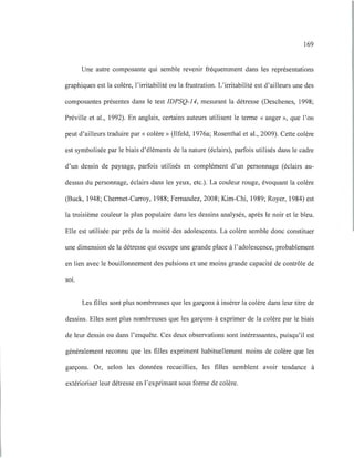 169
Une autre composante qui semble revenir fréquemment dans les représentations
graphiques est la colère, l'irritabilité ou la frustration. L'irritabilité est d'ailleurs une des
composantes présentes dans le test IDPSQ-14, mesurant la détresse (Deschenes, 1998;
Préville et al., 1992). En anglais, certains auteurs utilisent le terme « anger », que l'on
peut d'ailleurs traduire par « colère» (Ilfeld, 1976a; Rosenthal et al., 2009). Cette colère
est symbolisée par le biais d'éléments de la nature (éclairs), parfois utilisés dans le cadre
d'un dessin de paysage, parfois utilisés en complément d'un personnage (éclairs au-
dessus du personnage, éclairs dans les yeux, etc.). La couleur rouge, évoquant la colère
(Buck, 1948; Chermet-Carroy, 1988; Fernandez, 2008; Kim-Chi, 1989; Royer, 1984) est
la troisième couleur la plus populaire dans les dessins analysés, après le noir et le bleu.
Elle est utilisée par près de la moitié des adolescents. La colère semble donc constituer
une dimension de la détresse qui occupe une grande place à l'adolescence, probablement
en lien avec le bouillonnement des pulsions et une moins grande capacité de contrôle de
SOl.
Les filles sont plus nombreuses que les garçons à insérer la colère dans leur titre de
dessins. Elles sont plus nombreuses que les garçons à exprimer de la colère par le biais
de leur dessin ou dans l'enquête. Ces deux observations sont intéressantes, puisqu'il est
généralement reconnu que les filles expriment habituellement moins de colère que les
garçons. Or, selon les données recueillies, les filles semblent avoir tendance à
extérioriser leur détresse en l'exprimant sous forme de colère.
 