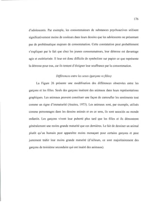 176
d'adolescents. Par exemple, les consommateurs de substances psychoactives utilisent
significativement moins de couleurs dans leurs dessins que les adolescents ne présentant
pas de problématique majeure de consommation. Cette constatation peut probablement
s'expliquer par le fait que chez les jeunes consommateurs, leur détresse est davantage
agie et extériorisée. Il leur est donc difficile de symboliser sur papier ce que représente
la détresse pour eux, car ils tentent d'éloigner leur souffrance par la consommation.
Différences entre les sexes (garçons vs filles)
La Figure 26 présente une modélisation des différences observées entre les
garçons et les filles. Seuls des garçons insèrent des animaux dans leurs représentations
graphiques. Les animaux peuvent constituer une façon de camoufler les sentiments tout
comme un signe d'immaturité (Anzieu, 1973). Les animaux sont, par exemple, utilisés
comme personnages dans les dessins animés et en ce sens, ils sont associés au monde
enfantin. Les garçons vivent leur puberté plus tard que les filles et ils démontrent
généralement une moins grande maturité que ces dernières. Le fait de dessiner un animal
plutôt qu'un humain peut apparaître moins menaçant pour certains garçons et peut
justement trahir leur moins grande maturité (d'ailleurs, ce sont majoritairement des
garçons de troisième secondaire qui ont inséré des animaux).
 