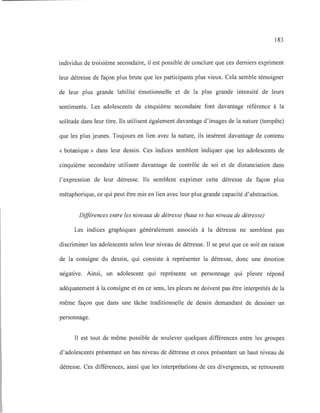 183
individus de troisième secondaire, il est possible de conclure que ces derniers expriment
leur détresse de façon plus brute que les participants plus vieux. Cela semble témoigner
de leur plus grande labilité émotionnelle et de la plus grande intensité de leurs
sentiments. Les adolescents de cinquième secondaire font davantage référence à la
solitude dans leur titre. Ils utilisent également davantage d'images de la nature (tempête)
que les plus jeunes. Toujours en lien avec la nature, ils insèrent davantage de contenu
« botanique» dans leur dessin. Ces indices semblent indiquer que les adolescents de
cinquième secondaire utilisent davantage de contrôle de soi et de distanciation dans
l'expression de leur détresse. Ils semblent exprimer cette détresse de façon plus
métaphorique, ce qui peut être mis en lien avec leur plus grande capacité d'abstraction.
Différences entre les niveaux de détresse (haut vs bas niveau de détresse)
Les indices graphiques généralement associés à la détresse ne semblent pas
discriminer les adolescents selon leur niveau de détresse. Il se peut que ce soit en raison
de la consigne du dessin, qui consiste à représenter la détresse, donc une émotion
négative. Ainsi, un adolescent qui représente un personnage qui pleure répond
adéquatement à la consigne et en ce sens, les pleurs ne doivent pas être interprétés de la
même façon que dans une tâche traditionnelle de dessin demandant de dessiner un
personnage.
Il est tout de même possible de soulever quelques différences entre les groupes
d'adolescents présentant un bas niveau de détresse et ceux présentant un haut niveau de
détresse. Ces différences, ainsi que les interprétations de ces divergences, se retrouvent
 