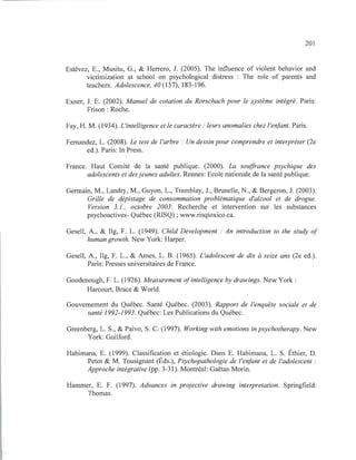 201
Estévez, E., Musitu, G., & Herrero, J. (2005). The influence of violent behavior and
victimization at school on psychological distress : The role of parents and
teachers. Adolescence, 40 (157), 183-196.
Exner, J. E. (2002). Manuel de cotation du Rorschach pour le système intégré. Paris:
Frison: Roche.
Fay, H. M. (1934). L'intelligence et le caractère: leurs anomalies chez l'enfant. Paris.
Fernandez, L. (2008). Le test de l'arbre : Un dessin pour comprendre et interpréter (2e
ed.). Paris: In Press.
France. Haut Comité de la santé publique. (2000). La souffrance psychique des
adolescents et des jeunes adultes. Rennes: Ecole nationale de la santé publique.
Germain, M., Landry, M., Guyon, L., Tremblay, J., Brunelle, N., & Bergeron, 1. (2003).
Grille de dépistage de consommation problématique d'alcool et de drogue.
Version 3.1., octobre 2003: Recherche et intervention sur les substances
psychoactives- Québec (RISQ) ; www.risqtoxico.ca.
Gesell, A., & Hg, F. L. (1949). Child Development : An introduction to the study of
human growth. New York: Harper.
Gesell, A., Hg, F. L., & Ames, L. B. (1965). L'adolescent de dix à seize ans (2e ed.).
Paris: Presses universitaires de France.
Goodenough, F. L. (1926). Measurement ofintelligence by drawings. New York:
Harcourt, Brace & World.
Gouvernement du Québec. Santé Québec. (2003). Rapport de l'enquête sociale et de
santé 1992-1993. Québec: Les Publications du Québec.
Greenberg, L. S., & Paivo, S. C. (1997). Working with emotions in psychotherapy. New
York: Guilford.
Habimana, E. (1999). Classification et étiologie. Dans E. Habimana, L. S. Éthier, D.
Petot & M. Tousignant (Éds.), Psychopathologie de l'enfant et de l'adolescent :
Approche intégrative (pp. 3-31). Montréal: Gaëtan Morin.
Harnmer, E. F. (1997). Advances in projective drawing interpretation. Springfield:
Thomas.
 