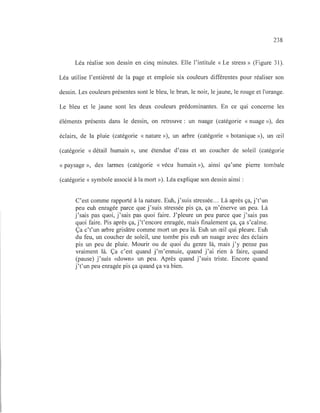 238
Léa réalise son dessin en cinq minutes. Elle l'intitule « Le stress» (Figure 31).
Léa utilise l'entièreté de la page et emploie six couleurs différentes pour réaliser son
dessin. Les couleurs présentes sont le bleu, le brun, le noir, le jaune, le rouge et l'orange.
Le bleu et le jaune sont les deux couleurs prédominantes. En ce qui concerne les
éléments présents dans le dessin, on retrouve: un nuage (catégorie «nuage»), des
éclairs, de la pluie (catégorie «nature »), un arbre (catégorie «botanique »), un œil
(catégorie «détail humain », une étendue d'eau et un coucher de soleil (catégorie
« paysage », des larmes (catégorie «vécu humain »), ainsi qu'une pierre tombale
(catégorie « symbole associé à la mort»). Léa explique son dessin ainsi :
C'est comme rapporté à la nature. Euh, j'suis stressée... Là après ça, j't'un
peu euh enragée parce que j'suis stressée pis ça, ça m'énerve un peu. Là
j'sais pas quoi, j'sais pas quoi faire. J'pleure un peu parce que j'sais pas
quoi faire. Pis après ça, j't'encore enragée, mais finalement ça, ça s'calme.
Ça c't'un arbre grisâtre comme mort un peu là. Euh un œil qui pleure. Euh
du feu, un coucher de soleil, une tombe pis euh un nuage avec des éclairs
pis un peu de pluie. Mourir ou de quoi du genre là, mais j'y pense pas
vraiment là. Ça c'est quand j'm'ennuie, quand j'ai rien à faire, quand
(pause) j'suis «down» un peu. Après quand j'suis triste. Encore quand
j't'un peu enragée pis ça quand ça va bien.
 