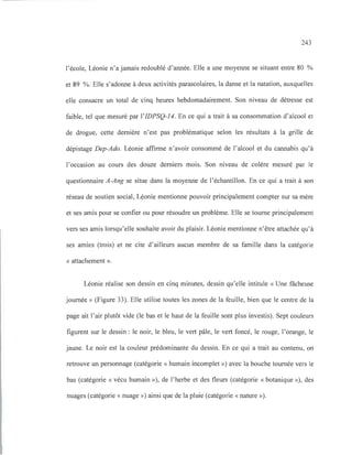 243
l'école, Léonie n'a jamais redoublé d'année. Elle a une moyenne se situant entre 80 %
et 89 %. Elle s'adonne à deux activités parascolaires, la danse et la natation, auxquelles
elle consacre un total de cinq heures hebdomadairement. Son niveau de détresse est
faible, tel que mesuré par l'IDPSQ-14. En ce qui a trait à sa consommation d'alcool et
de drogue, cette dernière n'est pas problématique selon les résultats à la grille de
dépistage Dep-Ado. Léonie affirme n'avoir consommé de l'alcool et du cannabis qu'à
l'occasion au cours des douze derniers mois. Son niveau de colère mesuré par le
questionnaire A-Ang se situe dans la moyenne de l'échantillon. En ce qui a trait à son
réseau de soutien social, Léonie mentionne pouvoir principalement compter sur sa mère
et ses amis pour se confier ou pour résoudre un problème. Elle se tourne principalement
vers ses amis lorsqu'elle souhaite avoir du plaisir. Léonie mentionne n'être attachée qu'à
ses amies (trois) et ne cite d'ailleurs aucun membre de sa famille dans la catégorie
« attachement ».
Léonie réalise son dessin en cinq minutes, dessin qu'elle intitule « Une fâcheuse
journée» (Figure 33). Elle utilise toutes les zones de la feuille, bien que le centre de la
page ait l'air plutôt vide (le bas et le haut de la feuille sont plus investis). Sept couleurs
figurent sur le dessin: le noir, le bleu, le vert pâle, le vert foncé, le rouge, l'orange, le
jaune. Le noir est la couleur prédominante du dessin. En ce qui a trait au contenu, on
retrouve un personnage (catégorie « humain incomplet ») avec la bouche tournée vers le
bas (catégorie « vécu humain»), de l'herbe et des fleurs (catégorie « botanique»), des
nuages (catégorie « nuage») ainsi que de la pluie (catégorie « nature»).
 