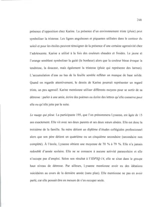 248
présence d'opposition chez Karine. La présence d'un environnement triste (pluie) peut
symboliser la tristesse. Les lignes anguleuses et piquantes utilisées dans le contour du
soleil et pour les étoiles peuvent témoigner de la présence d'une certaine agressivité chez
l'adolescente. Karine a utilisé à la fois des couleurs chaudes et froides. Le jaune et
l'orange semblent symboliser la gaité (le bonheur) alors que la couleur bleue évoque la
tendresse, la douceur, mais également la tristesse (pluie qui représente des larmes).
L'accumulation d'eau au bas de la feuille semble refléter un manque de base solide.
Quand on regarde attentivement, le dessin de Karine pourrait représenter un regard
triste, un peu agressif. Karine mentionne utiliser différents moyens pour se sortir de sa
détresse: parler à une amie, écrire des poèmes ou écrire des lettres qu'elle conserve pour
elle ou qu'elle jette par la suite.
Le nuage qui pleut. La participante 195, que l'on prénommera Lysanne, est âgée de 15
ans exactement. Elle vit avec ses deux parents et ses deux sœurs aînées. Elle est donc la
troisième de la famille. Sa mère détient un diplôme d'études collégiales professionnel
alors que son père détient un quatrième ou un cinquième secondaire (secondaire non
complété). À l'école, Lysanne obtient une moyenne de 70 % à 79 %. Elle n'a jamais
redoublé d'année scolaire. Elle ne se consacre à aucune activité parascolaire et elle
n'occupe pas d'emploi. Selon son résultat à l'IDPSQ-14, elle se situe dans le groupe
haut niveau de détresse. Par ailleurs, Lysanne mentionne avoir eu des idéations
suicidaires au cours de la dernière année (sans plan). Elle mentionne ne pas en avoir
parlé, car elle pensait être en mesure de s'en occuper seule.
 
