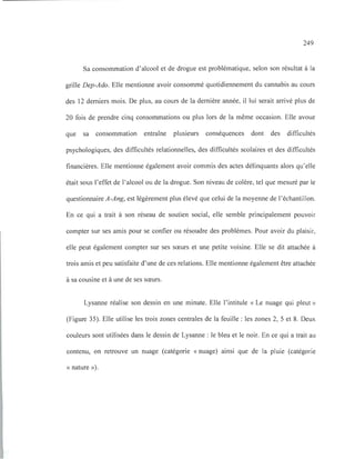 249
Sa consommation d'alcool et de drogue est problématique, selon son résultat à la
grille Dep-Ado. Elle mentionne avoir consommé quotidiennement du cannabis au cours
des 12 derniers mois. De plus, au cours de la dernière année, il lui serait arrivé plus de
20 fois de prendre cinq consommations ou plus lors de la même occasion. Elle avoue
que sa consommation entraîne plusieurs conséquences dont des difficultés
psychologiques, des difficultés relationnelles, des difficultés scolaires et des difficultés
financières. Elle mentionne également avoir commis des actes délinquants alors qu'elle
était sous l'effet de l'alcool ou de la drogue. Son niveau de colère, tel que mesuré par le
questionnaire A-Ang, est légèrement plus élevé que celui de la moyenne de l'échantillon.
En ce qui a trait à son réseau de soutien social, elle semble principalement pouvoir
compter sur ses amis pour se confier ou résoudre des problèmes. Pour avoir du plaisir,
elle peut également compter sur ses sœurs et une petite voisine. Elle se dit attachée à
trois amis et peu satisfaite d'une de ces relations. Elle mentionne également être attachée
à sa cousine et à une de ses sœurs.
Lysanne réalise son dessin en une minute. Elle l'intitule « Le nuage qui pleut »
(Figure 35). Elle utilise les trois zones centrales de la feuille : les zones 2, 5 et 8. Deux
couleurs sont utilisées dans le dessin de Lysanne : le bleu et le noir. En ce qui a trait au
contenu, on retrouve un nuage (catégorie « nuage) ainsi que de la pluie (catégorie
« nature »).
 