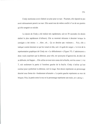 256
Cindy mentionne avoir élaboré un plan pour se tuer. Pourtant, elle répond ne pas
avoir sérieusement pensé à se tuer. Elle aurait tout de même confié à l' un de ses parents
qu'elle songeait au suicide.
Le dessin de Cindy a été réalisé très rapidement, soit en 50 secondes (le dessin
réalisé le plus rapidement d'ailleurs). Elle se montrait réticente à dessiner lorsque la
consigne a été émise : « ...bien...eh... Ça se dessine pas vraiment »... Puis, elle a
indiqué vouloir dessiner ce qui lui venait en tête, soit « le goût de varger ». Le titre de la
représentation graphique de Cindy est « Le défoulement» (Figure 37). L'adolescente a
donc voulu exprimer que la détresse, pour elle, est synonyme d'agressivité, de désir de
se défouler, de frapper.... Elle utilise en tout trois zones de la feuille, soit les zones 1, 4 et
7, soit seulement la partie à l'extrême gauche de la feuille. Cindy n'utilise qu'une
couleur pour symboliser la détresse, soit le rouge. Son dessin représente un personnage
dessiné sous forme de « bonhomme allumette ». La partie gauche représente un mur de
briques. Puis, la partie entre le mur et le personnage représente une main, un «poing ».
 