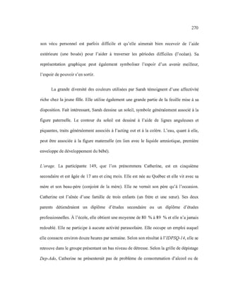 270
son vécu personnel est parfois difficile et qu'elle aimerait bien recevoir de l'aide
extérieure (une bouée) pour l'aider à traverser les périodes difficiles (l'océan). Sa
représentation graphique peut également symboliser l'espoir d'un avenir meilleur,
l'espoir de pouvoir s'en sortir.
La grande diversité des couleurs utilisées par Sarah témoignent d'une affectivité
riche chez la jeune fille. Elle utilise également une grande partie de la feuille mise à sa
disposition. Fait intéressant, Sarah dessine un soleil, symbole généralement associé à la
figure paternelle. Le contour du soleil est dessiné à l'aide de lignes anguleuses et
piquantes, traits généralement associés à l'acting out et à la colère. L'eau, quant à elle,
peut être associée à la figure maternelle (en lien avec le liquide amniotique, première
enveloppe de développement du bébé).
L'orage. La participante 149, que l'on prénommera Catherine, est en cinquième
secondaire et est âgée de 17 ans et cinq mois. Elle est née au Québec et elle vit avec sa
mère et son beau-père (conjoint de la mère). Elle ne verrait son père qu'à l'occasion.
Catherine est l'aînée d'une famille de trois enfants (un frère et une sœur). Ses deux
parents détiendraient un diplôme d'études secondaire ou un diplôme d'études
professionnelles. À l'école, elle obtient une moyenne de 80 % à 89 % et elle n'a jamais
redoublé. Elle ne participe à aucune activité parascolaire. Elle occupe un emploi auquel
elle consacre environ douze heures par semaine. Selon son résultat à l'IDPSQ-14, elle se
retrouve dans le groupe présentant un bas niveau de détresse. Selon la grille de dépistage
Dep-Ado, Catherine ne présenterait pas de problème de consommation d'alcool ou de
 
