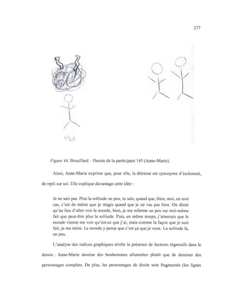 277
Figure 44. Brouillard - Dessin de la participant 145 (Anne-Marie).
Ainsi, Anne-Marie exprime que, pour elle, la détresse est synonyme d'isolement,
de repli sur soi. Elle explique davantage cette idée :
Je ne sais pas. Plus la solitude un peu, tu sais, quand que, bien, moi, en tout
cas, c'est de même que je réagis quand que je ne vas pas bien. On dirait
qu'au lieu d'aller voir le monde, bien, je me referme un peu sur moi-même
fait que peut-être plus la solitude. Puis, en même temps, j'aimerais que le
monde vienne me voir qu'est-ce que j'ai, mais comme la façon que je suis
fait, je me retire. Le monde y pense que c'est ça que je veux. La solitude là,
un peu.
L'analyse des indices graphiques révèle la présence de facteurs régressifs dans le
dessin: Anne-Marie dessine des bonhommes allumettes plutôt que de dessiner des
personnages complets. De plus, les personnages de droite sont fragmentés (les lignes
 