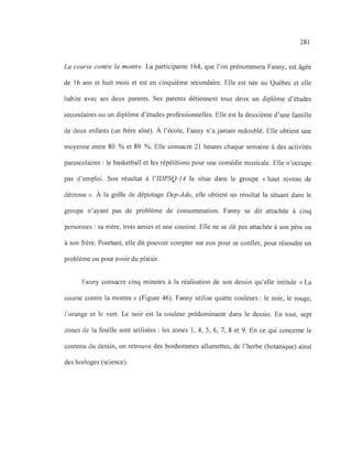 281
La course contre la montre. La participante 164, que l'on prénommera Fanny, est âgée
de 16 ans et huit mois et est en cinquième secondaire. Elle est née au Québec et elle
habite avec ses deux parents. Ses parents détiennent tous deux un diplôme d'études
secondaires ou un diplôme d'études professionnelles. Elle est la deuxième d'une famille
de deux enfants (un frère aîné). À l'école, Fanny n'a jamais redoublé. Elle obtient une
moyenne entre 80 % et 89 %. Elle consacre 21 heures chaque semaine à des activités
parascolaires: le basketball et les répétitions pour une comédie musicale. Elle n'occupe
pas d'emploi. Son résultat à l'IDPSQ-14 la situe dans le groupe « haut niveau de
détresse ». À la grille de dépistage Dep-Ado, elle obtient un résultat la situant dans le
groupe n'ayant pas de problème de consommation. Fanny se dit attachée à cinq
personnes: sa mère, trois amies et une cousine. Elle ne se dit pas attachée à son père ou
à son frère. Pourtant, elle dit pouvoir compter sur eux pour se confier, pour résoudre un
problème ou pour avoir du plaisir.
Fanny consacre cinq minutes à la réalisation de son dessin qu'elle intitule «La
course contre la montre» (Figure 46). Fanny utilise quatre couleurs: le noir, le rouge,
l'orange et le vert. Le noir est la couleur prédominante dans le dessin. En tout, sept
zones de la feuille sont utilisées: les zones 1, 4, 5, 6, 7, 8 et 9. En ce qui concerne le
contenu du dessin, on retrouve des bonhommes allumettes, de l'herbe (botanique) ainsi
des horloges (science).
 