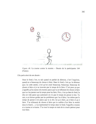 /
Figure 46. La course contre la montre - Dessin de la participante 164
(Fanny).
Elle parle ainsi de son dessin:
Dans le fond, c'est, tu sais quand on parlait de détresse, c'est l'angoisse,
quand on a beaucoup de choses à faire. Dans le fond, c'est ça, la détresse
que j'ai cette année, c'est qu'on avait beaucoup, beaucoup, beaucoup de
choses à faire et je ne trouvais pas le temps de le faire. C'est pour ça que
j'appelle ça la course à la montre parce que tu as tellement de choses à faire
que tu n'as jamais tout le temps pour les faire. Puis, c'est ça dans le fond, la
tête est vide parce que justement on n'a pas le temps de penser à rien. Tu
sais, tu te laisses guider par tes problèmes que t'as à faire, t'as même pas le
temps de penser à toi parce que tu te dis j'ai ça à faire, ça à faire et ça à
faire. T'as tellement de choses à faire que tu oublies d'en faire la moitié
dans le fond [...]. Ça représentait le temps dans le fond, l'aiguille a tourne
et a tourne et a tourne. T'es tout le temps en train de te courir partout pour
tout faire.
282
.."
 