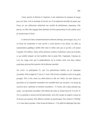 283
Fanny associe la détresse à l'angoisse, à une impression de manquer de temps
pour tout faire, à de la surcharge de travail, etc. Il est également possible de penser que
Fanny est une adolescente présentant une anxiété de performance importante. Elle
précise, en effet, être engagée dans plusieurs activités parascolaires et elle semble avoir
de bonnes notes à l'école.
Le dessin de Fanny comprend plusieurs éléments (horloge, personnages, etc.), et il
est facile de comprendre le sens qu'elle a voulu donner à son dessin. En effet, sa
représentation graphique semble aller dans le même sens que ce qu'elle a dit durant
l'enquête. Par ailleurs, Fanny utilise plusieurs couleurs et plusieurs zones de la feuille,
ce qui semble indiquer un bon équilibre chez la jeune fille. Cependant, l'absence de
traits du visage ainsi que la prépondérance de la couleur noire sont deux indices
graphiques pouvant être associés à de la détresse (anxiété).
Ma colère. La participante 21, que l'on prénommera Amélie, est en cinquième
secondaire. Elle est âgée de 17 ans et Il mois. Elle est née au Québec et elle vit en garde
partagée. Elle a trois sœurs (ou demi-sœurs) et elle est l'aînée. Sa mère détient un
quatrième ou un cinquième secondaire non complété alors que son père a un niveau de
scolarité entre « première et troisième secondaire ». À l'école, elle a déjà redoublé une
année : son deuxième secondaire. Elle obtient des notes se situant entre 60 % et 69 %.
Elle ne participe à aucune activité parascolaire, mais elle occupe un emploi à raison de
20 heures par semaine. Elle affirme consulter un psychologue. Son résultat à l'IDPSQ-
14 la situe dans le groupe « haut niveau de détresse ». À la grille de dépistage Dep-Ado,
 